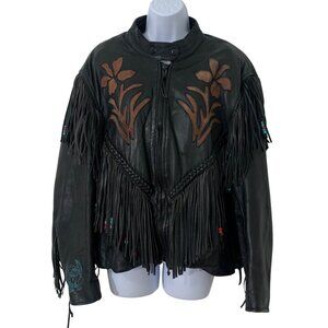 HUDSON Women Black Leather Beaded Fringe Floral Jacket Harley-Davidson Stamp USA